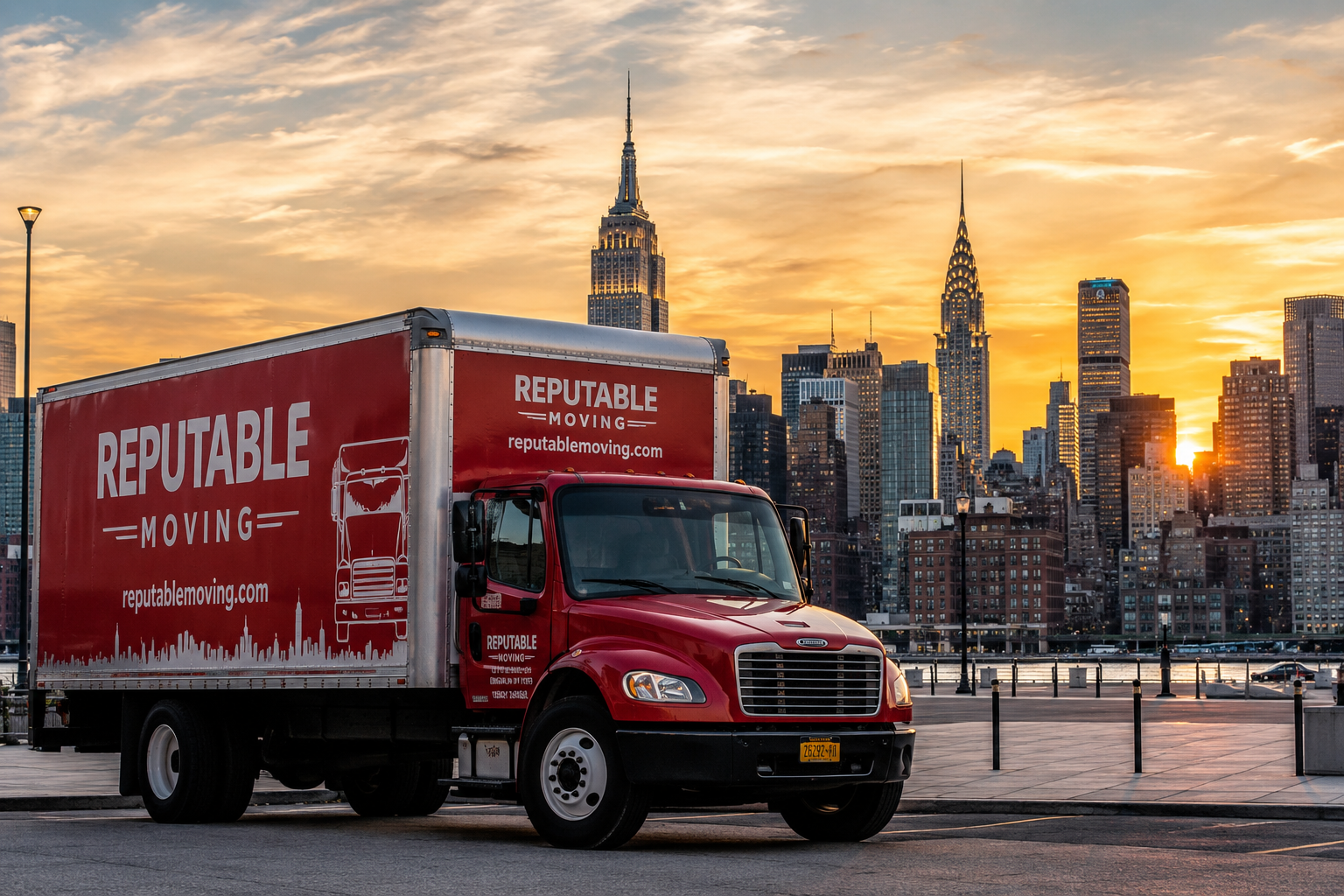 A red Reputable Moving truck in front of the Manhattan skyline at sunset, with the Empire State Building and Chrysler Building visible in the background